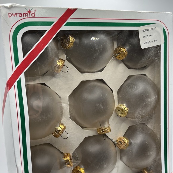 Vintage Box of 12 Pyramid Frosted Ornaments Glass Bulbs Balls Christmas USA - Picture 2 of 5